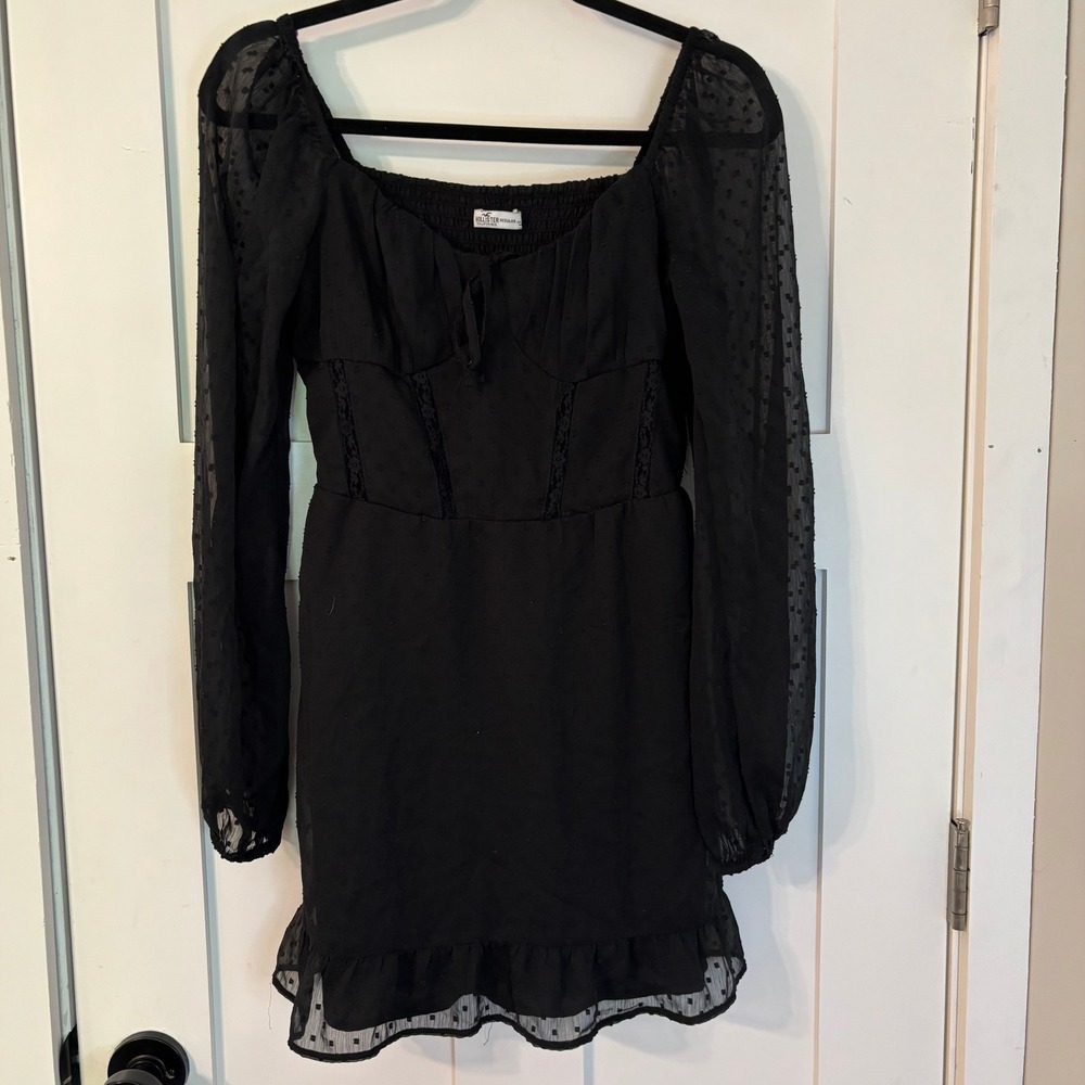 Hollister Black Clip Dot Long Sleeve Mini Dress Smocked Back Corset Detail Small